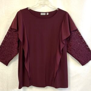 Susan Graver Women’s Burgundy 3/4 Lace Sleeve  Top / 3XL